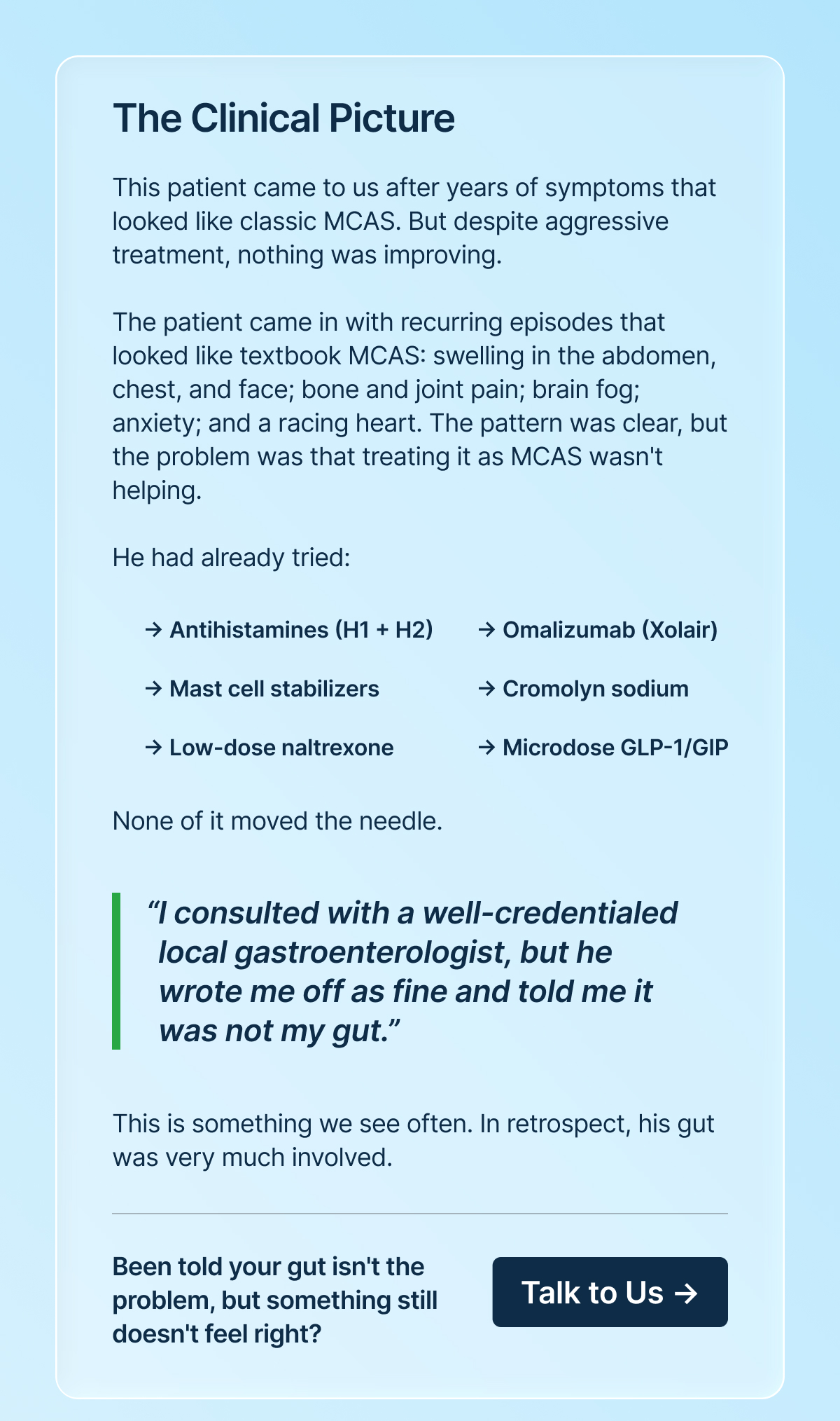 This patient came to us after years of symptoms that looked like classic MCAS. But despite aggressive treatment, nothing was improving.