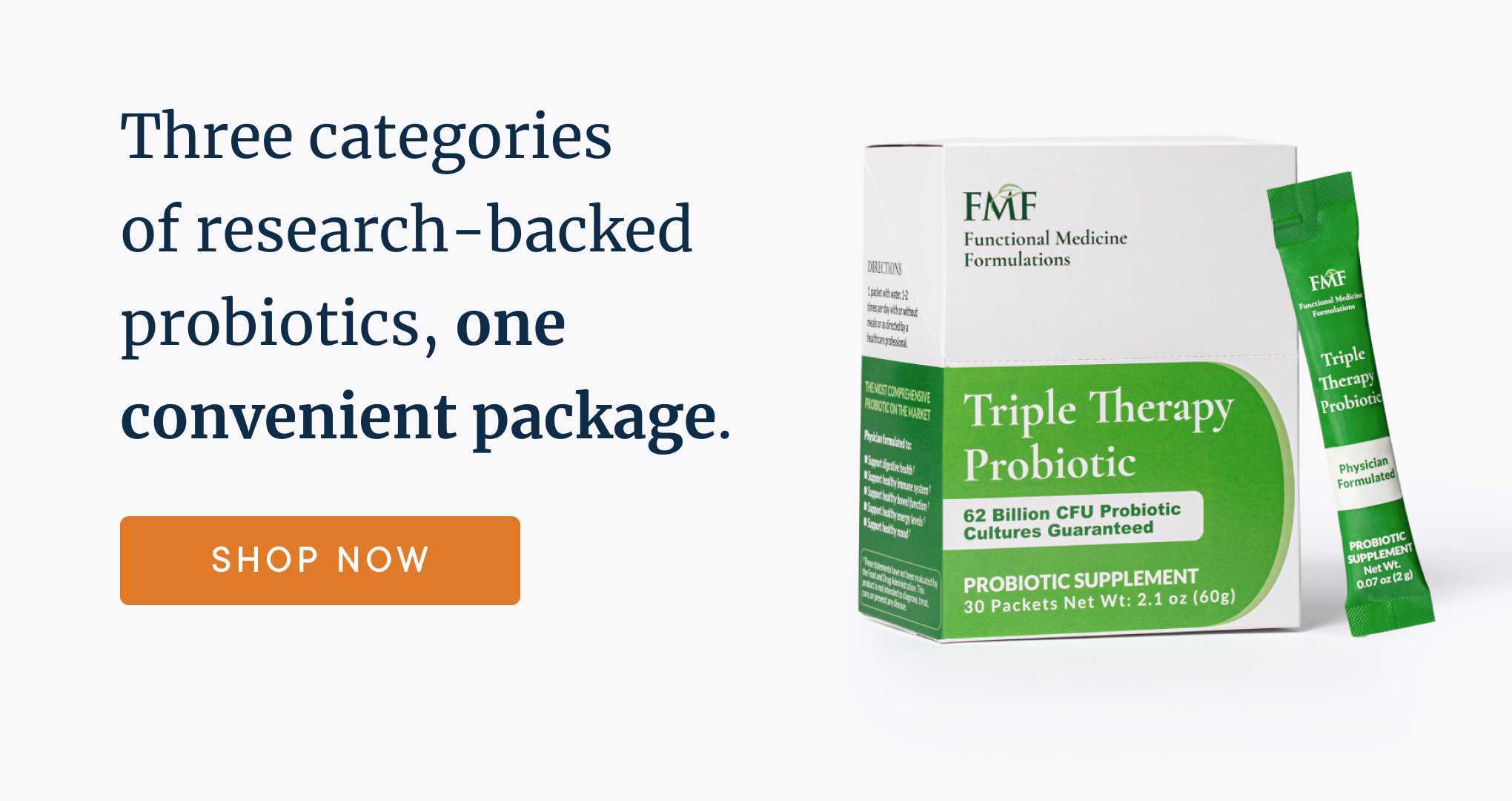 Triple Therapy Probiotic Powder Sticks product banner with link to purchase from the Dr. Ruscio store. Banner copy includes: Three categories of research-backed probiotics, one convenient package.