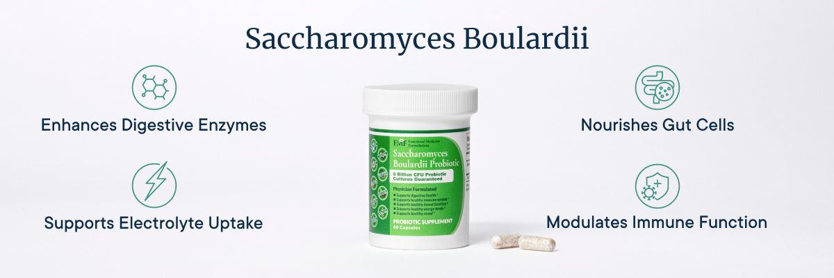 Banner image for Saccharomyces Boulardii probiotic supplement from Dr. Ruscio's store. Text on image highlights benefits: enhances digestive enzymes, supports electrolyte uptake, nourishes gut cells, and modulates immune function. Includes a link to purchase