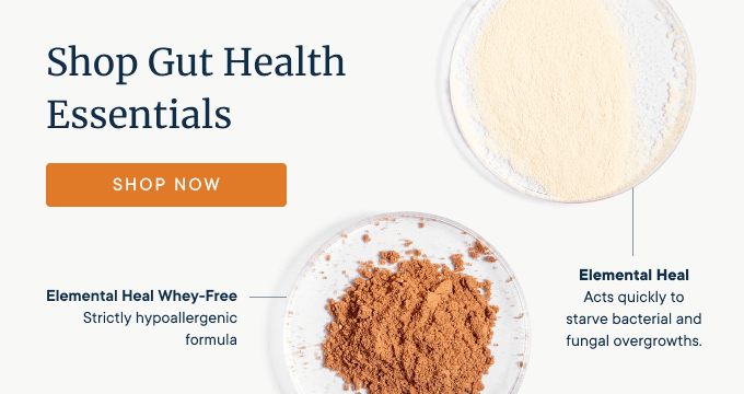 Promo banner for Shop Gut Health Essentials—Elemental Heal & Elemental Heal Whey-Free powders. Button: Shop Now.