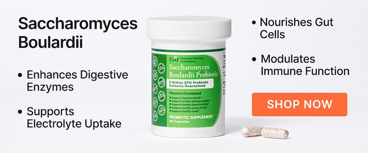 Banner image for Saccharomyces Boulardii probiotic supplement from Dr. Ruscio's store. Text on image highlights benefits: enhances digestive enzymes, supports electrolyte uptake, nourishes gut cells, and modulates immune function. Includes a link to purchase.