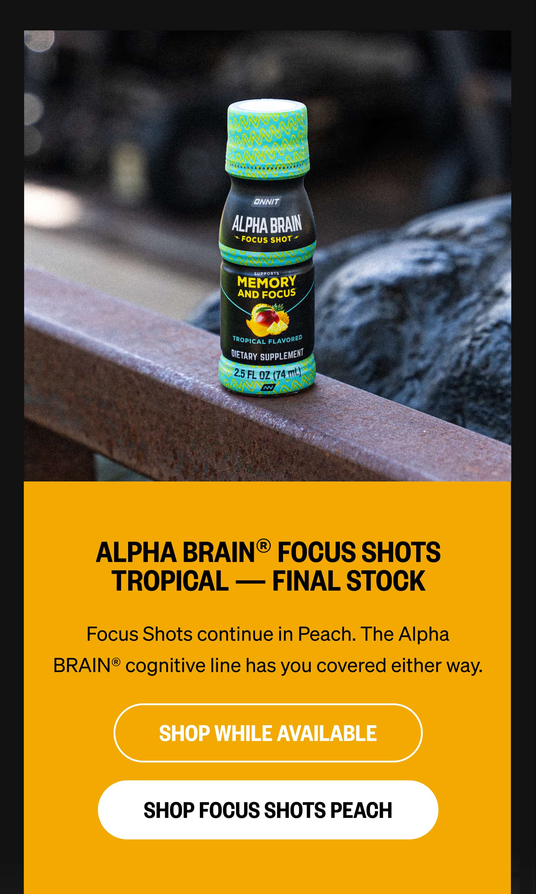 ALPHA BRAIN® FOCUS SHOTS TROPICAL — FINAL STOCK Focus Shots continue in Peach. The Alpha BRAIN® cognitive line has you covered either way. SHOP WHILE AVAILABLE SHOP FOCUS SHOTS PEACH