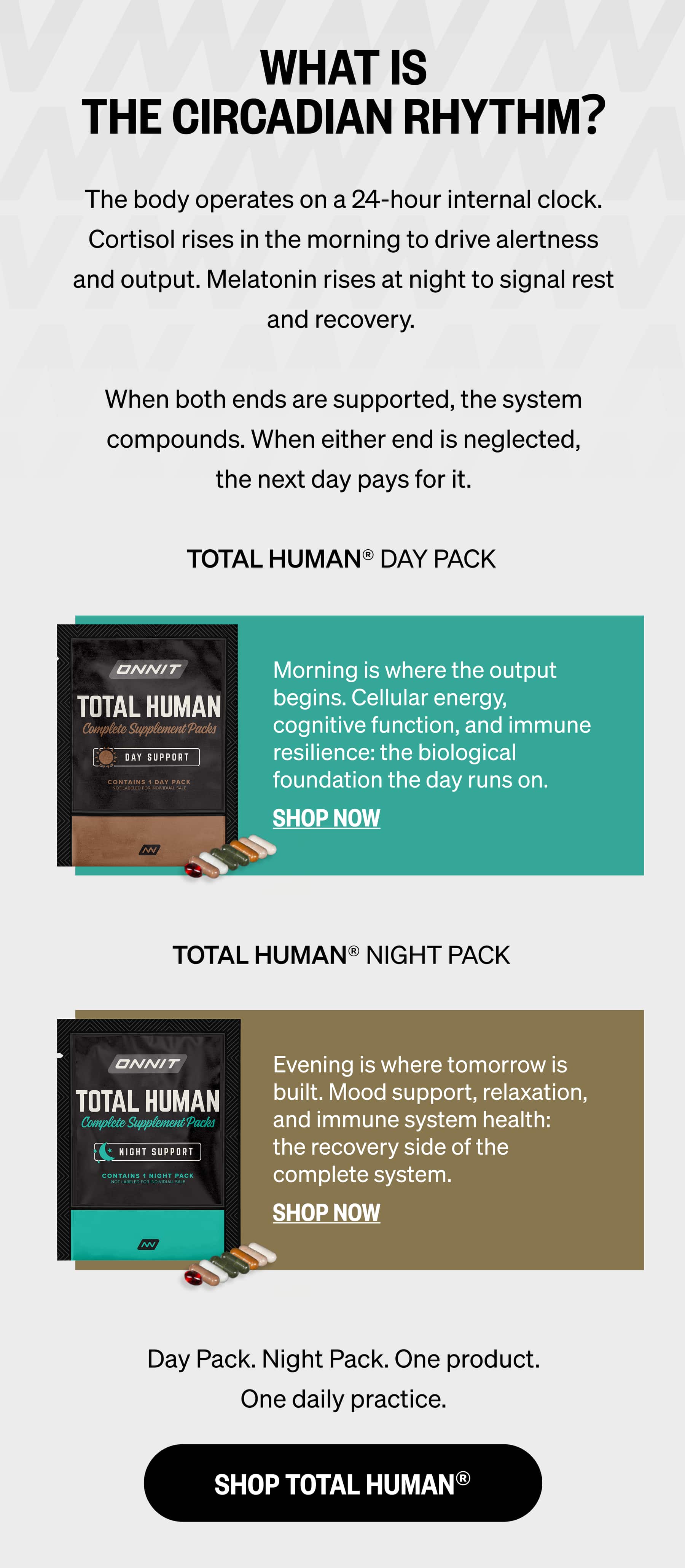 WHAT IS THE CIRCADIAN RHYTHM? The body operates on a 24-hour internal clock. Cortisol rises in the morning to drive alertness and output. Melatonin rises at night to signal rest and recovery.&nbsp;  When both ends are supported, the system compounds. When either end is neglected, the next day pays for it. TOTAL HUMAN® DAY PACK Morning is where the output begins. Cellular energy, cognitive function, and immune resilience: the biological foundation the day runs on. SHOP NOW | TOTAL HUMAN® NIGHT PACK Evening is where tomorrow is built. Mood support, relaxation, and immune system health: the recovery side of the complete system. SHOP NOW Day Pack. Night Pack. One product. One daily practice. SHOP TOTAL HUMAN®