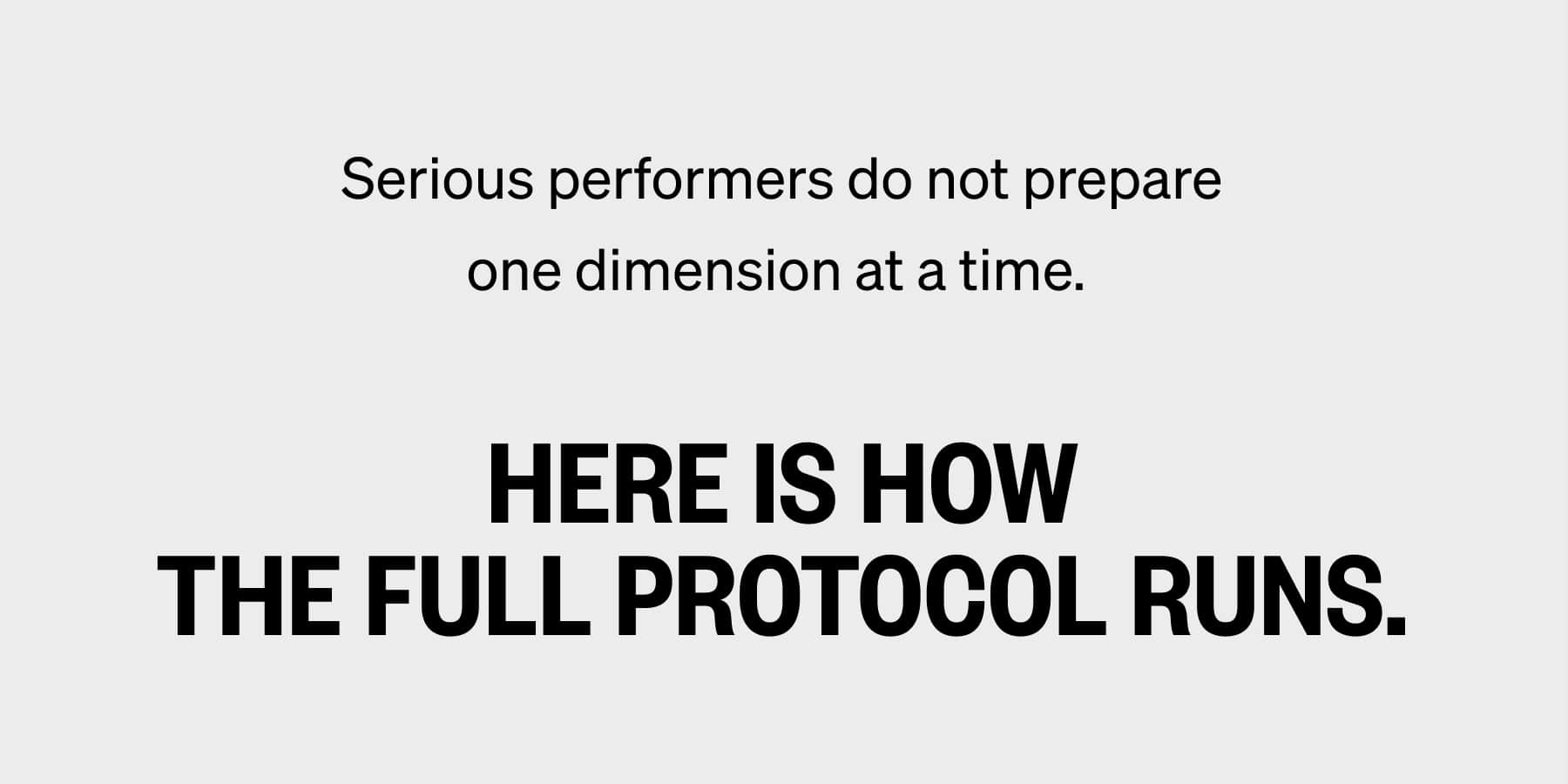Serious performers do not prepare one dimension at a time.&nbsp; Here is how the full protocol runs.