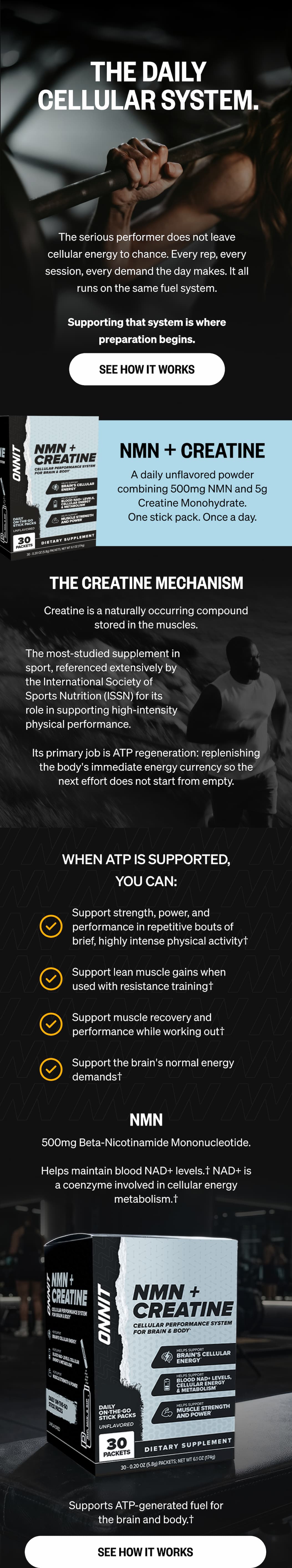 INTRODUCING NMN + CREATINE SHOP NOW Meet the newest addition to your daily protocol. 500MG NMN + 5G CREATINE. ONE STICK PACK. ONCE A DAY.  NMN supports blood NAD+ levels involved in cellular energy metabolism. Creatine provides brain cellular energy support and supports lean muscle mass when used with resistance training. Supports strength and power during brief, highly intense physical activity.†  Designed to fit seamlessly into your daily protocol, built to disappear into your routine: one stick. SUBSCRIBE & SAVE  for $42.50 per month or purchase once for $49.99.  SHOP NMN + CREATINE