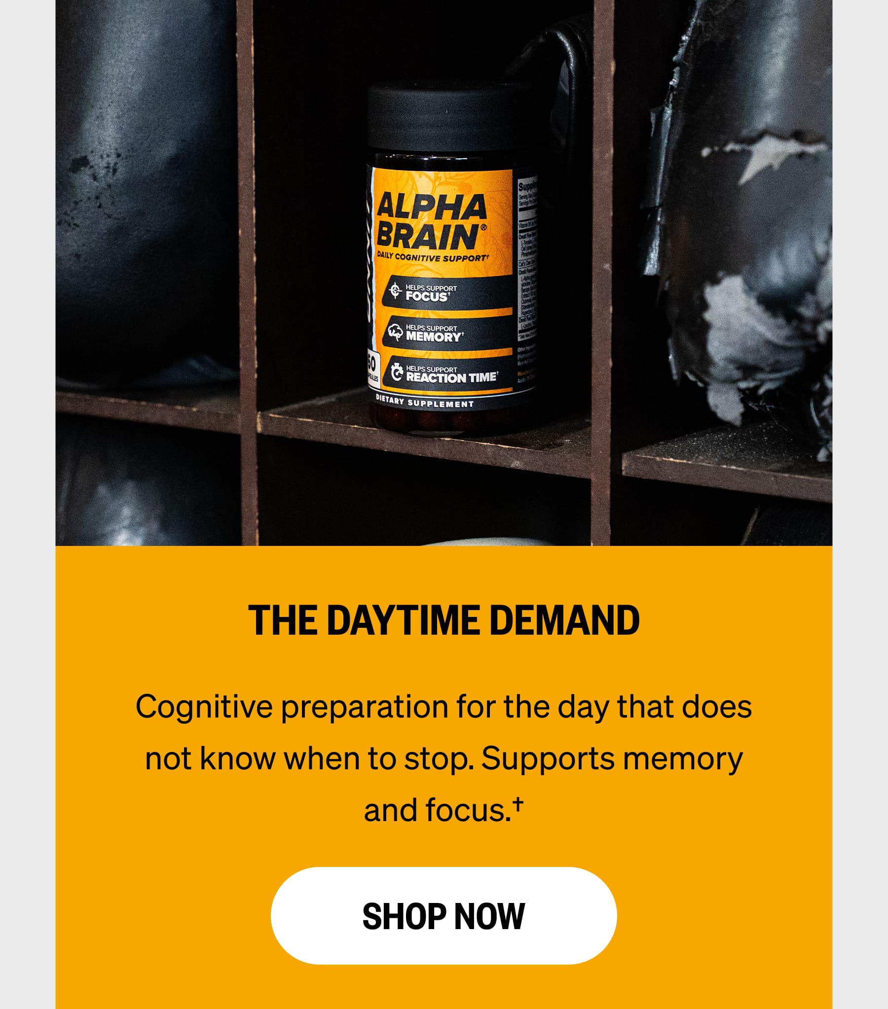 THE DAYTIME DEMAND Cognitive preparation for the day that does not know when to stop. Supports memory and focus.†  SHOP NOW