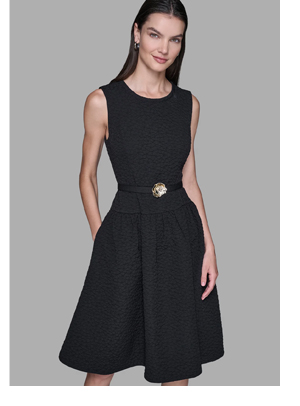 FLORAL JACQUARD A-LINE DRESS WITH FLOWER BELT