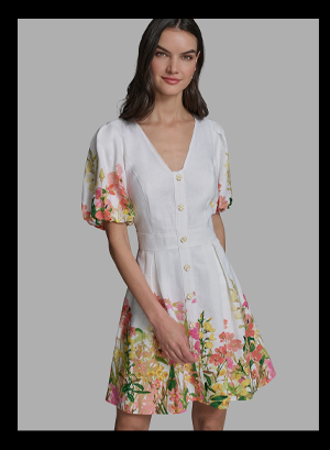 SHORT SLEEVE FLORAL FIT & FLARE DRESS