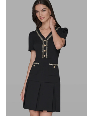 TWEED-TRIMMED PLEATED DRESS