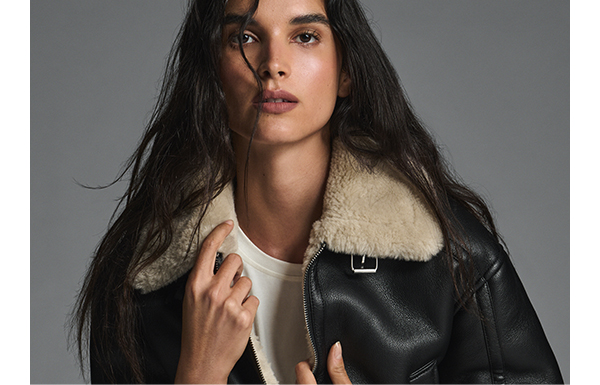 CROPPED FAUX LEATHER JACKET WITH FAUX SHEARLING