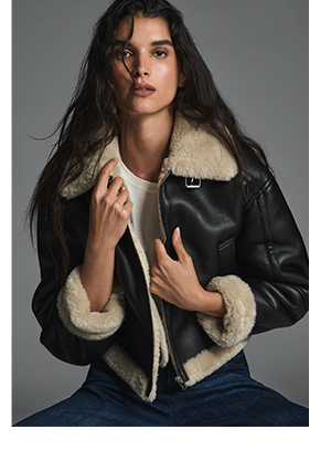 CROPPED FAUX LEATHER JACKET WITH FAUX SHEARLING