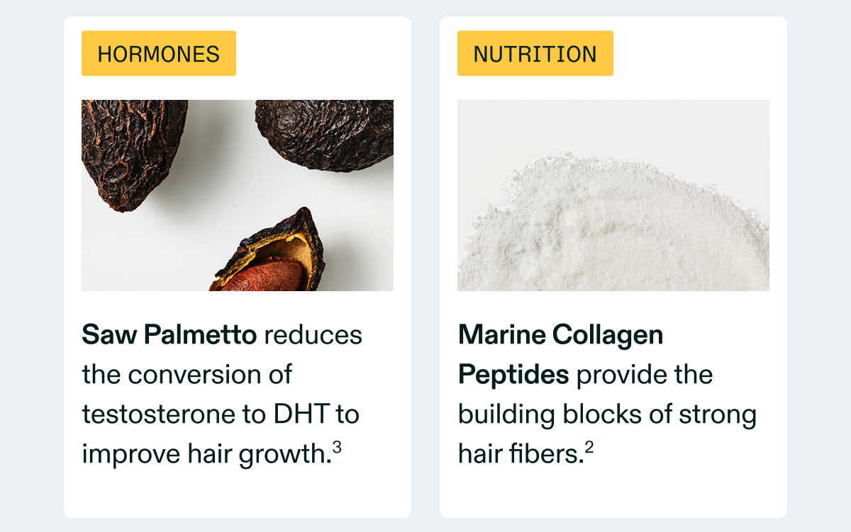 HORMONES  Saw Palmetto reduces the conversion of testosterone to DHT to improve hair growth.³  NUTRITION  Marine Collagen Peptides provide the building blocks of strong hair fibers.²