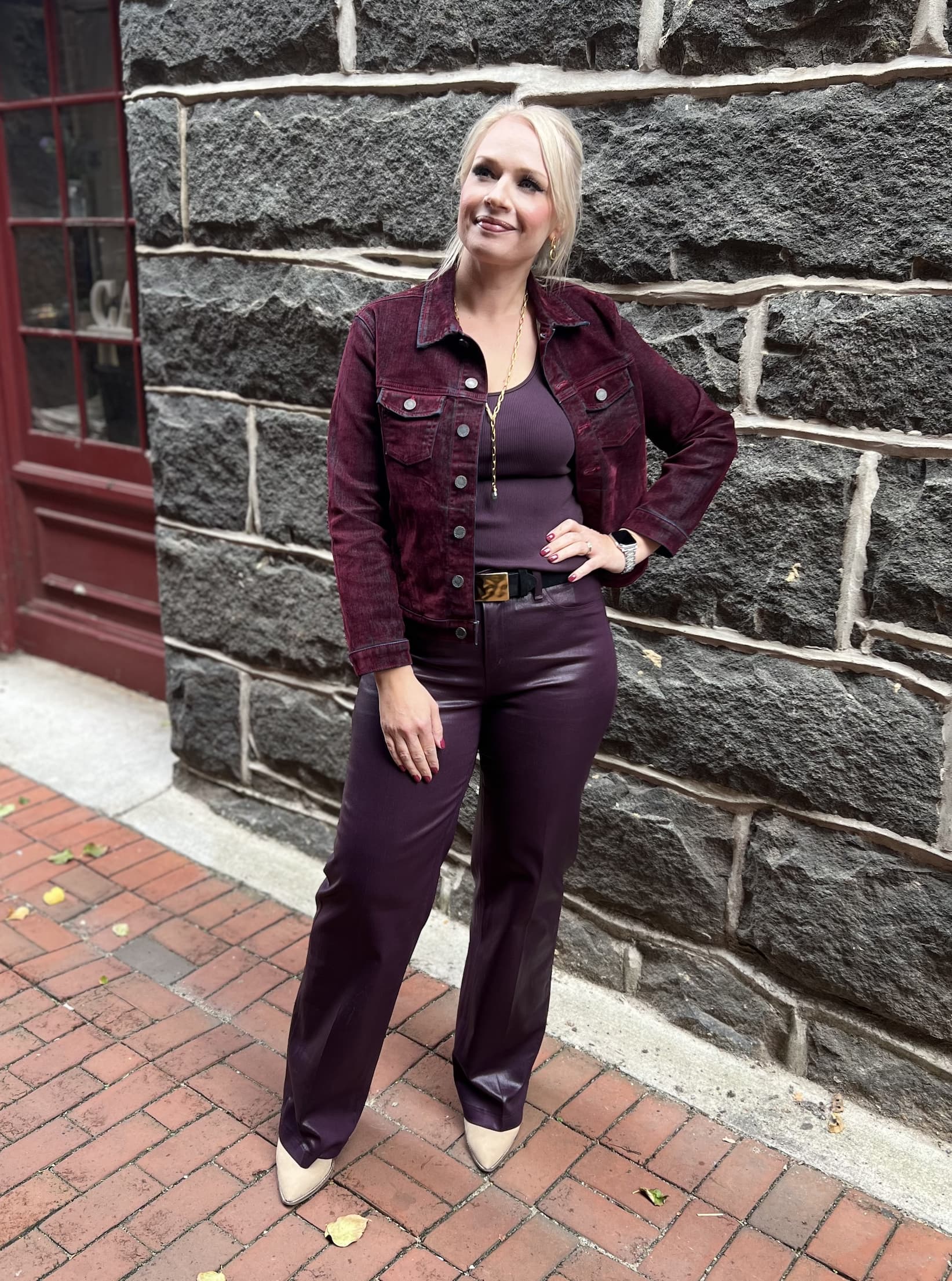 Look 1 — Maven Flocked Velvet Jacket, Adria Tank, Scottie Coated Pant