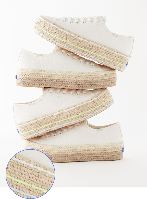 Four stacked pairs of platform sneakers in an off-white canvas finish. The top and third shoes feature the Keds Triple Up canvas Jute Pop Foxing lace-ups with natural jute midsoles accented by subtle pastel stripes. The second and bottom shoes are the Keds Triple Up canvas Ombre Jute Foxing lace-ups, with jute-wrapped platforms that fade in a soft ombré effect. A circular inset in the lower left corner provides a detailed look at the braided jute threading on the shoe.