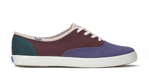 A side view of the Keds Champion Canvas Colorblock Lace-Up in navy/burgundy.