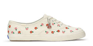 A profile view of the Keds Champion Canvas Rose Embroidery Lace-Up in cream/red.