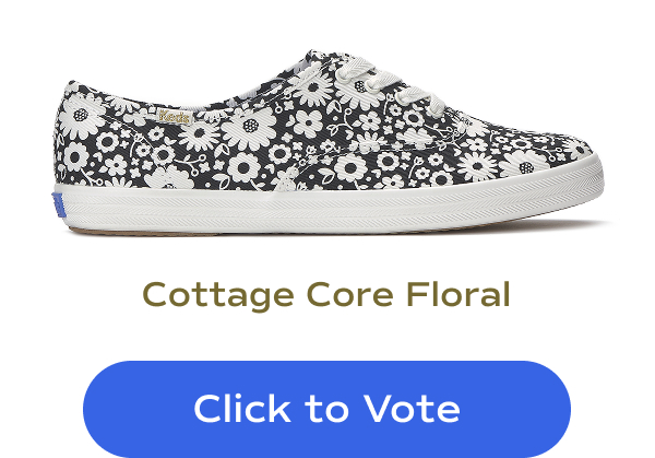 A side view of the Keds Champion Lace-Up in a white-and-black Cottage Core Floral with a "Click to Vote" button underneath.