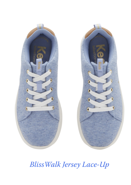 A top-down view of the BlissWalk Jersey Lace-up shoes in blue. Shop Now.