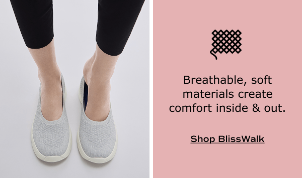 A pair of the BlissWalk Knit Skimmers in silver shown on foot paired with cropped black leggings. White text on a blush background says, breathable, soft materials create comfort inside and out. Shop BlissWalk.
