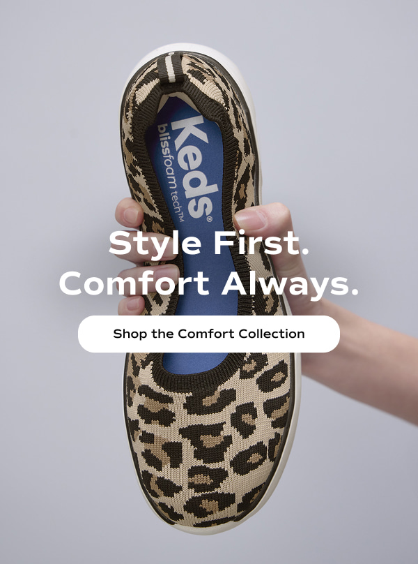 The BlissWalk Knit Skimmer in leopard print being held in a way that demonstrates the shoe’s flexibility. Text over the image says, Style first, comfort always. Shop the comfort collection.