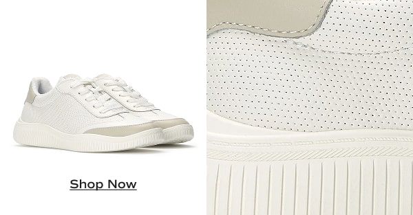 A pair of the leather Contest Lace-Ups in white and oatmeal sitting next to a closeup of textured leather. Shop Now.