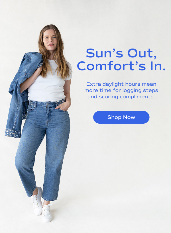 A woman wearing a white tee with a studded denim jacket and matching jeans, and the Jump Kick Leather Lace-Up in white. The email says Sun’s Out, Comfort’s In. Extra daylight hours mean more time for logging steps and scoring compliments. Shop Now.