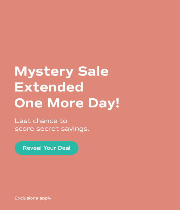 A paper-rip animation reveals a partial glimpse of a hidden discount percentage on a coral background. The email says: Mystery Sale Extended One More Day! Last chance to score secret savings. Exclusion apply. Reveal Your Deal.