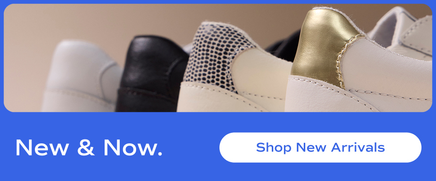 A close-up of the heel panels from the new Keds Pursuit Leather Zip slip-ons collection. The backs of the heels are featured in four different colors; white, black, calf-haif and gold metallic. Text underneath says New and Now. Shop New Arrivals.