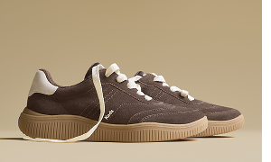 A side view of the Contest Suede Lace-Up in chocolate.