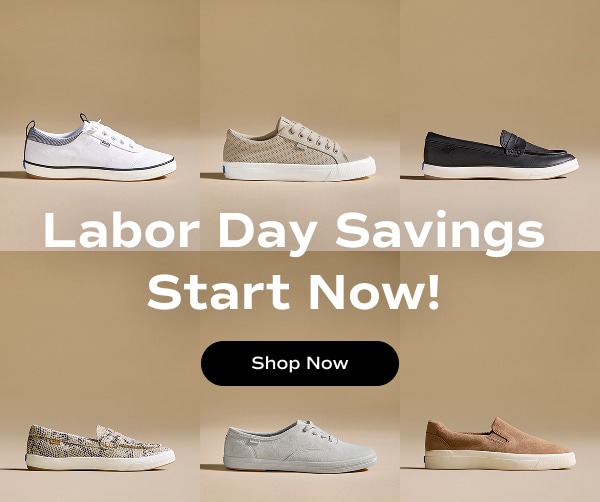 Six tonal tan squares each filled with a sneaker or loafer facing right. The email says Labor Day Savings Start Now! Shop Now.