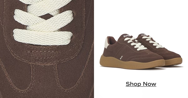 A closeup of the white laces on the Contest Lace-Up in chocolate brown suede next to a pair of the same sneakers. Shop Now. 