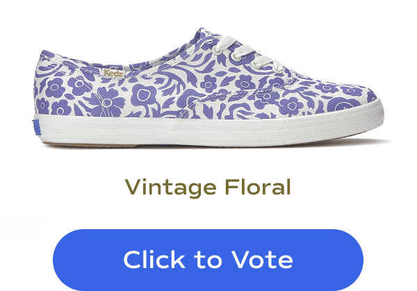 A side view of the Keds Champion Lace-Up in a white-and-blue Vintage Floral with a "Click to Vote" button underneath.