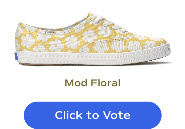 A side view of the Keds Champion Lace-Up in a white-and-yellow Mod Floral with a "Click to Vote" button underneath.