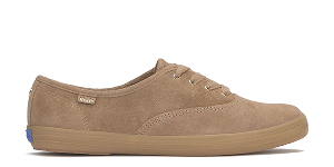 A side view of the Keds Champion Suede Lace-Up in tan.