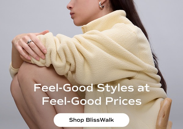 A woman sitting in a chair wearing a yellow fleece jacket. The email says Feel-Good Styles at Feel-Good Prices. Shop BlissWalk.