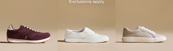 Three tonal tan squares each filled with a sneaker or loafer facing right. The email says Exclusions apply.