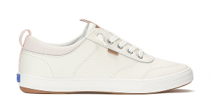 A profile view of the Center III Leather Slip-On in white.