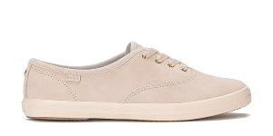 A profile view of the Keds Champion Luxe Suede Lace-Up in blush.