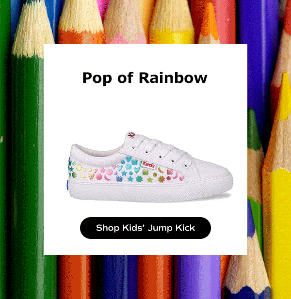 A bold array of colored pencils acts as a background with a sideview of the Little Kids’ Jump Kick Studded Foil Slip-On in white/multicolor on top. Text above the shoe reads, Pop of rainbow. Shop Kids’ Jump Kick.