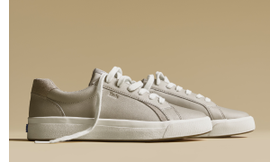 A side view of the Pursuit Leather/Suede Lace-Up in taupe.