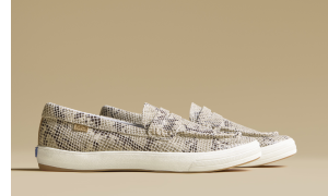 A side view of the Center III Snake-Print Leather Loafer in light grey.
