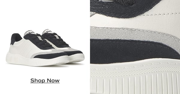 A pair of the leather and suede Contest Lace-Ups in black and white next to a close up of the suede detailing. Shop Now.