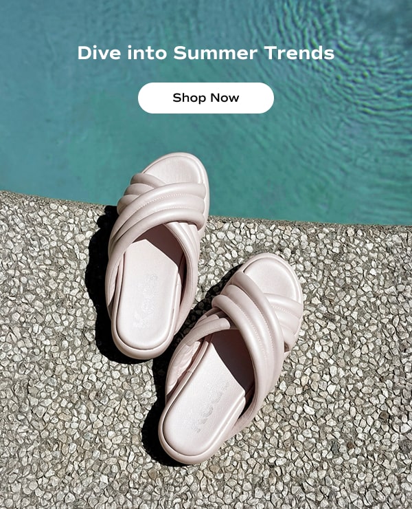 A top-down view of a pair of Hailey Sandals sitting on the edge of a pool. The email reads: Dive into Summer Trends. Shop Now.