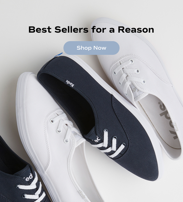An image featuring the Keds Point Low Canvas Lace-Up in both dark navy blue and white colorways. Text overlay reads "Best Sellers for a Reason. Shop Now."