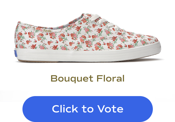 A side view of the Keds Champion Lace-Up in a white-red-and-pink Bouquet Floral with a "Click to Vote" button underneath.