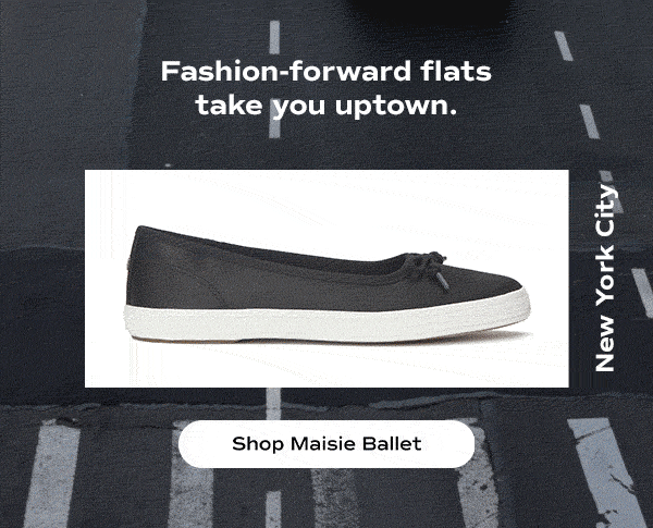 The headline reads: Fashion-forward flats take you uptown. A side view of the Maisie Ballet Satin Slip-On in black sits on top of an animated background of a birds-eye view of a busy New York City street with cars and taxis zooming by. Shop Maisie Ballet.