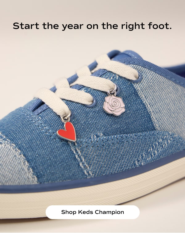 A close-up of the Keds Champion Denim Patchwork Charm Lace-Up in navy. The email says Start the year on the right foot. Shop the Keds Champion.