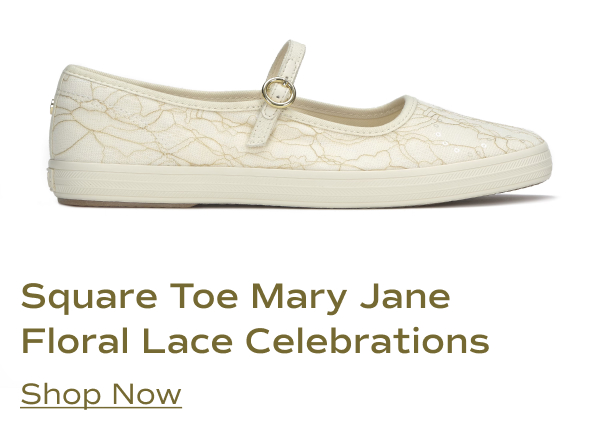 A side view of the Square Toe Mary Jane Floral Lace Celebrations shoe in cream. Shop Now.