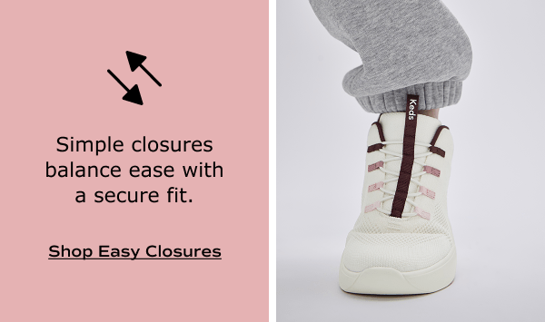 The BlissWalk Knit Slip-On in white/pink/mauve shown on a foot paired with classic gray sweatpants. White text on a blush background says, Simple closures balance ease with a secure fit. Shop easy closures.