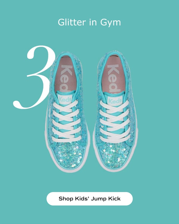 Glitter in Gym. A top-down view of a pair of big kids' Jump Kick Lace-Ups in aqua blue sequins. Shop Now.